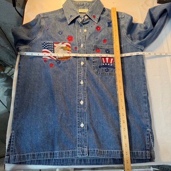 Vintage denim Blue Button Down Shirt long sleeve embroidered red white blue - Picture 7 of 9